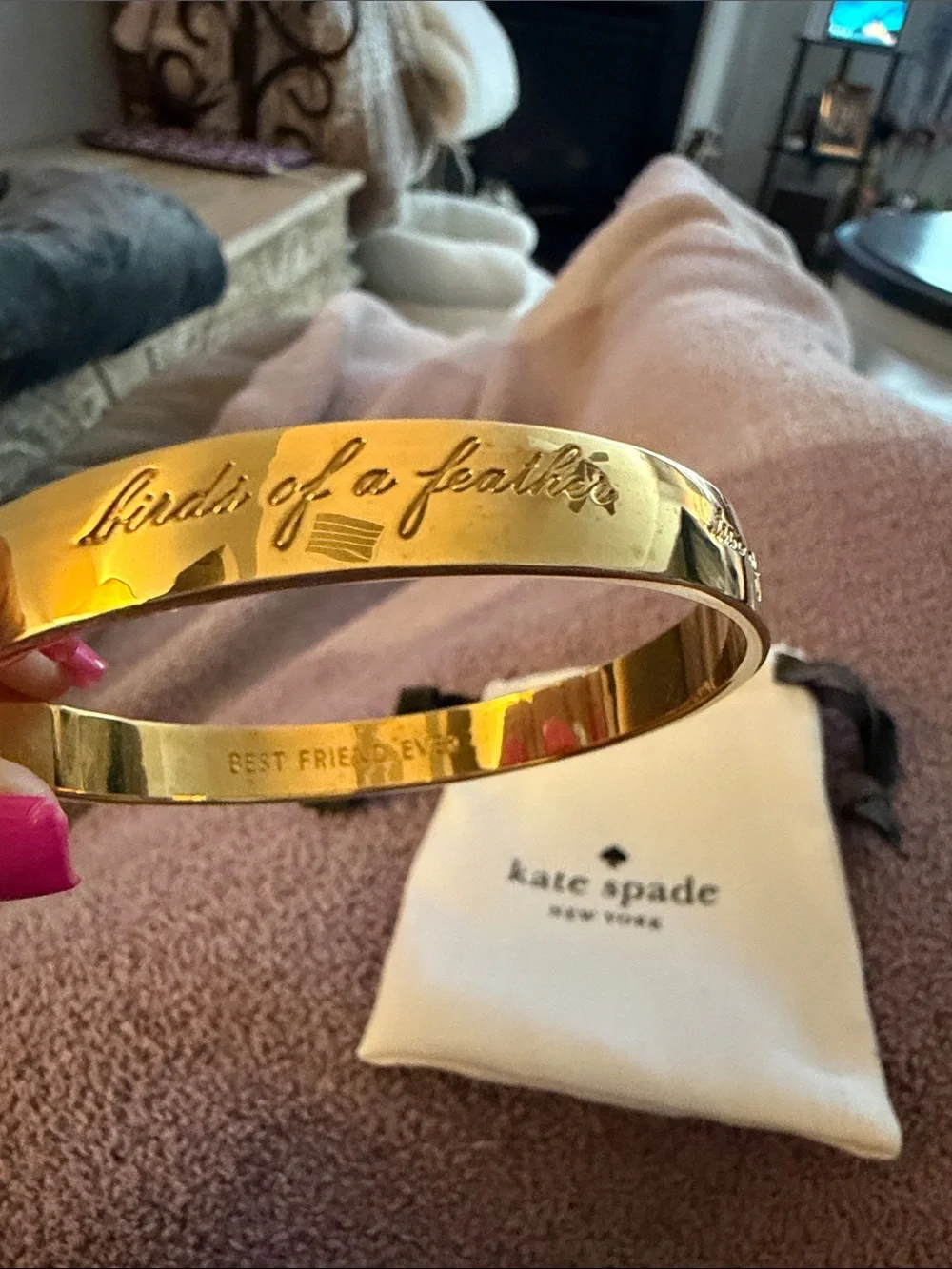 kate spade Gold-tone Engraved Bangle with Drawstring Pouch - Picture 2 of 4